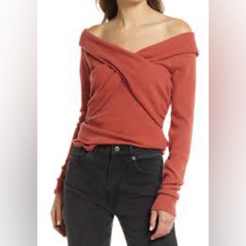 Free People Off-Shoulder Sweater in Warm Rust